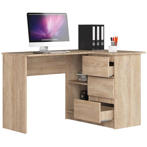 Bureau D'angle Droit B16 Chêne Sonoma 124 Cm 3 Tiroirs Façade Sonoma 2 Étagères 124x85x77