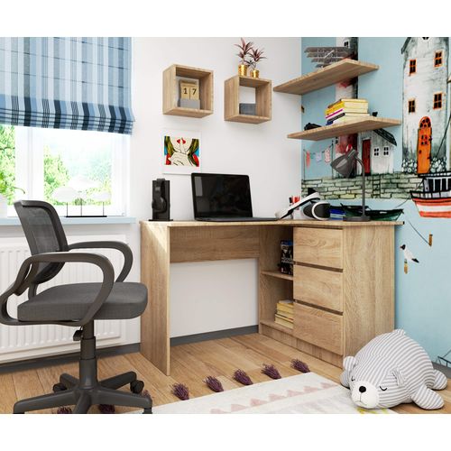 Bureau D'angle Droit B16 Chêne Sonoma 124 Cm 3 Tiroirs Façade Sonoma 2 Étagères 124x85x77