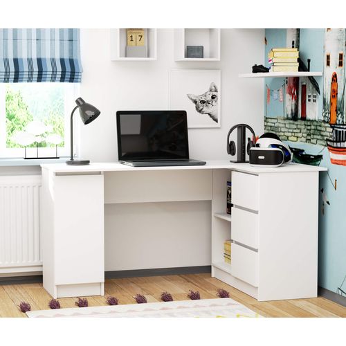 Grand Bureau D'angle Akord Droit B20 Blanc 155 Cm 1 Porte 3 Tiroirs Façade Blanche