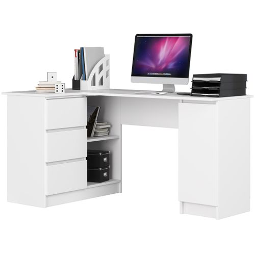Grand Bureau D'angle Akord Gauche B20 Blanc 155 Cm 1 Porte 3 Tiroirs Façade Blanche
