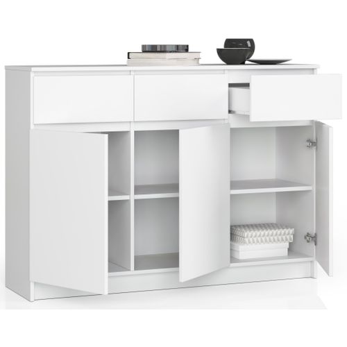 Commode K140 Blanche 138 Cm 3 Portes 3 Tiroirs Façade Blanche 6 Étagères 138x40x99 Cm