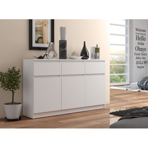 Commode K140 Blanche 138 Cm 3 Portes 3 Tiroirs Façade Blanche 6 Étagères 138x40x99 Cm