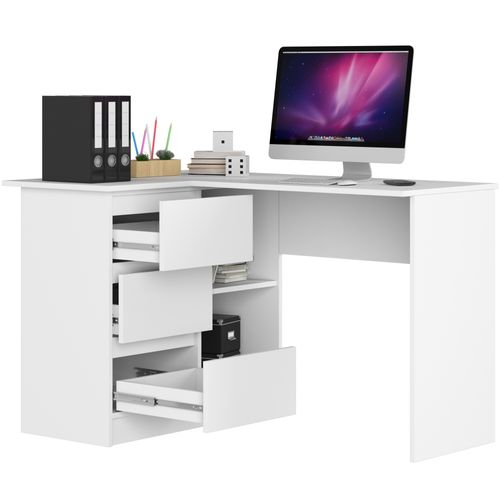 Bureau Akord D'angle Gauche B16 Blanc 124 Cm 3 Tiroirs Façade Blanche 2 Étagères 124x85x77 Cm