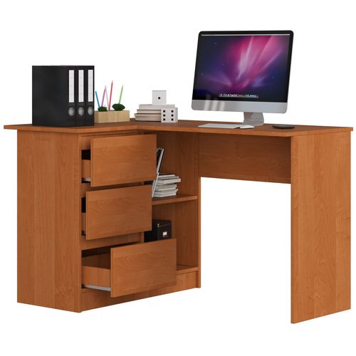 Bureau D'angle Gauche B16 Aulne 124 Cm 3 Tiroirs Façade Aulne 2 Étagères 124x85x77 Cm