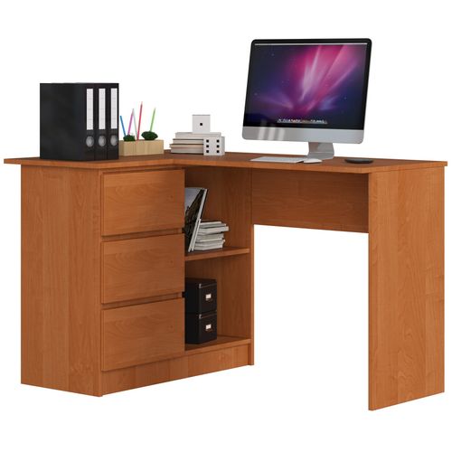 Bureau D'angle Gauche B16 Aulne 124 Cm 3 Tiroirs Façade Aulne 2 Étagères 124x85x77 Cm