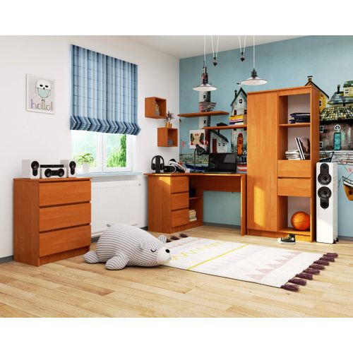 Bureau D'angle Gauche B16 Aulne 124 Cm 3 Tiroirs Façade Aulne 2 Étagères 124x85x77 Cm