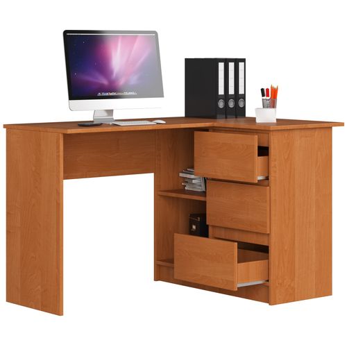 Bureau D'angle Droit B16 Aulne 124 Cm 3 Tiroirs Façade Aulne 2 Étagères 124x85x77 Cm
