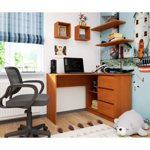 Bureau D'angle Droit B16 Aulne 124 Cm 3 Tiroirs Façade Aulne 2 Étagères 124x85x77 Cm