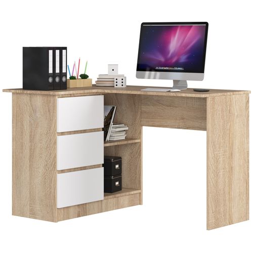 Bureau D'angle Chêne Sonoma 124 Cm 3 Tiroirs Façade Blanche 2 Étagères 124x85x77 Cm