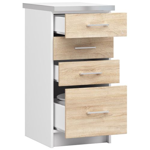Meuble De Cuisine Bas S40 Lima Modulable Blanc 40 Cm 4 Tiroirs Façade Chêne Sonoma 40x44,5x82 Cm
