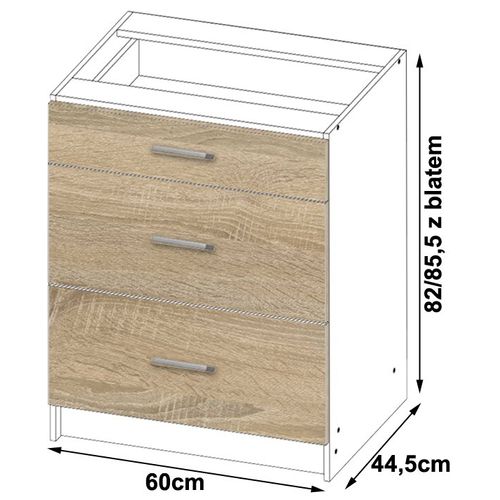 Meuble De Cuisine Bas S60 Lima Modulable Blanc 60 Cm 3 Tiroirs Façade Chêne Sonoma 60x44,5x82 Cm