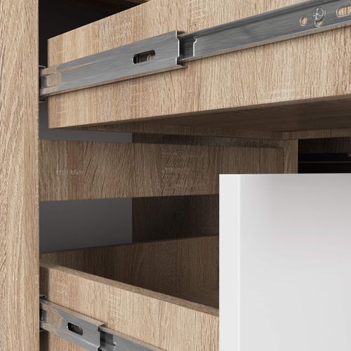 Grand Bureau D'angle Gauche B20 Sonoma 155 Cm 1 Porte 3 Tiroirs Façade Blanche 4 Étagères