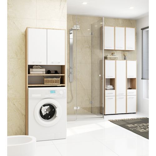 Colonne Salle De Bains Fin Chêne Sonoma 64 Cm 2 Portes Façade Blanche 4 Étagères 64x30x180 Cm