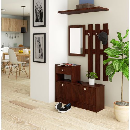 Ensemble D'entrée Avec L'armoire à Chaussures Wengé 90 Cm 1 Porte 1 Tiroir Façade Wengé 2 Étagères