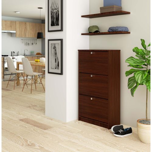 Meuble à Chaussures Wengé 60 Cm 3 Portes Façade Wengé 3 Étagères 60x28,5x113 Cm