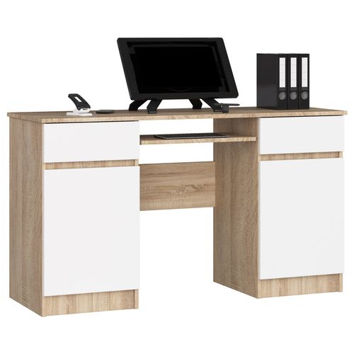 Bureau D'ordinateur Akord A5 Chêne Sonoma 135 Cm 2 Portes 2 Tiroirs Façade Blanche