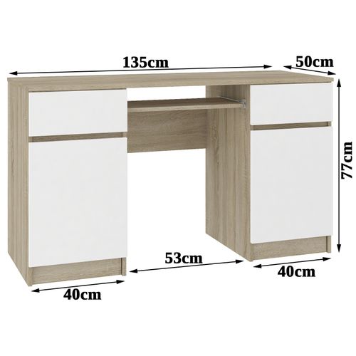Bureau D'ordinateur Akord A5 Chêne Sonoma 135 Cm 2 Portes 2 Tiroirs Façade Blanche