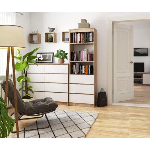 Bibliothèque De Bureau R60 Chêne Sonoma 60 Cm 3 Tiroirs Façade Blanche 3 Étagères 60x35x180 Cm