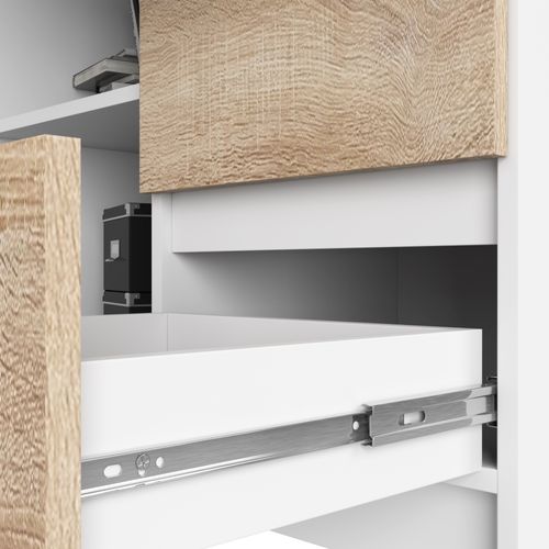 Bureau Akord D'angle Droit B16 Blanc 124 Cm 3 Tiroirs Façade Chêne Sonoma 2 Étagères 124x85x77 Cm