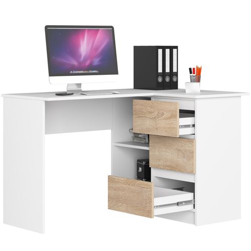 Bureau Akord D'angle Droit B16 Blanc 124 Cm 3 Tiroirs Façade Chêne Sonoma 2 Étagères 124x85x77 Cm