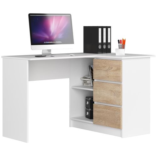 Bureau Akord D'angle Droit B16 Blanc 124 Cm 3 Tiroirs Façade Chêne Sonoma 2 Étagères 124x85x77 Cm