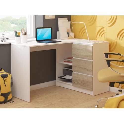 Bureau Akord D'angle Droit B16 Blanc 124 Cm 3 Tiroirs Façade Chêne Sonoma 2 Étagères 124x85x77 Cm