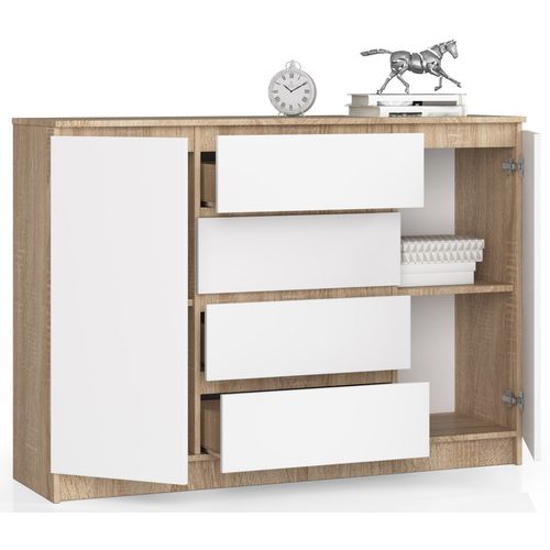 Commode K140 Chêne Sonoma 138 Cm 2 Portes 4 Tiroirs Façade Blanche 4 Étagères 138x40x99 Cm