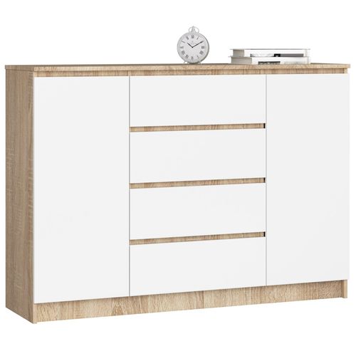 Commode K140 Chêne Sonoma 138 Cm 2 Portes 4 Tiroirs Façade Blanche 4 Étagères 138x40x99 Cm