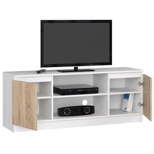 Meuble TV Pour Salon Blanc 140 Cm 2 Portes Façade Chêne Sonoma 2 Étagères 140x40x55 Cm