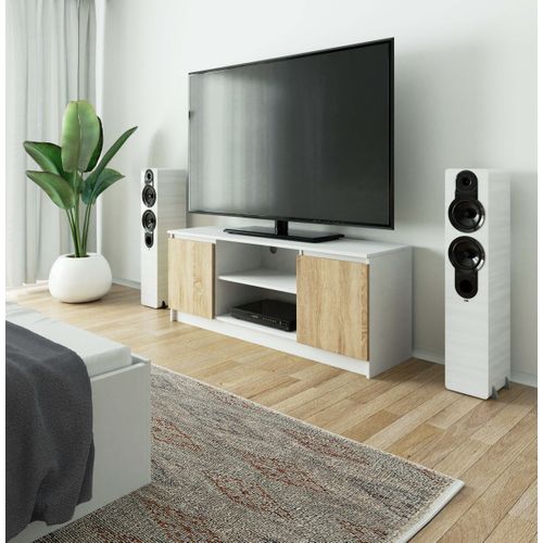 Meuble TV Pour Salon Blanc 140 Cm 2 Portes Façade Chêne Sonoma 2 Étagères 140x40x55 Cm