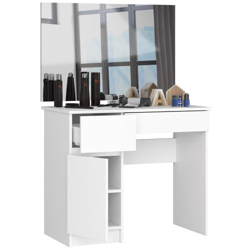 Table De Coiffeuse Gauche Avec Miroir Blanche 90 Cm 1 Porte 2 Tiroirs Façade Blanche 2 Étagères