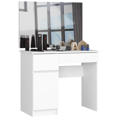 Table De Coiffeuse Gauche Avec Miroir Blanche 90 Cm 1 Porte 2 Tiroirs Façade Blanche 2 Étagères