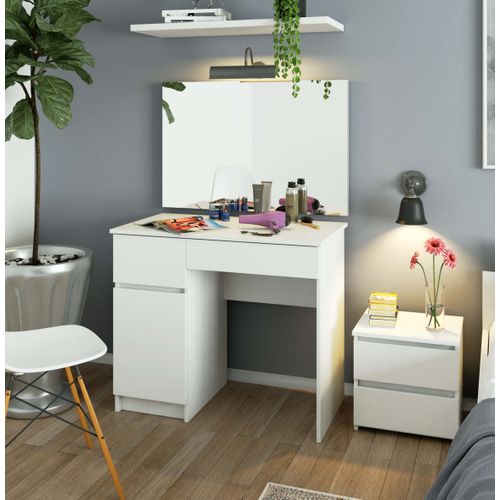 Table De Coiffeuse Gauche Avec Miroir Blanche 90 Cm 1 Porte 2 Tiroirs Façade Blanche 2 Étagères
