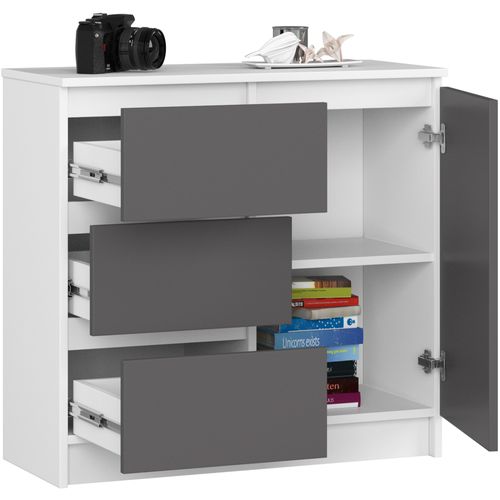 Akord Buffet Jerry 1 Porte 3 Tiroirs Blanc/gris Graphite 80x35x77