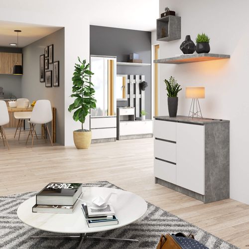 Akord Buffet Jerry 1 Porte 3 Tiroirs Béton/blanc 80x35x77