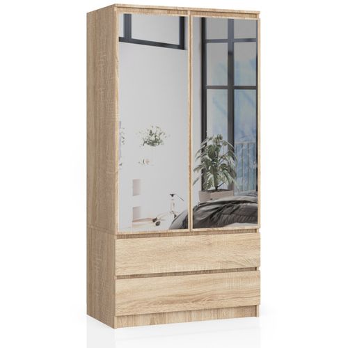 Akord Armoire 2 Portes 2 Tiroirs 2 Miroirs Chêne Sonoma 90x51x180