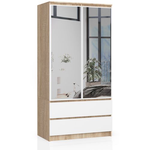 Akord Armoire 2 Portes 2 Tiroirs 2 Miroirs Chêne Sonoma Et Blanc 90x51x180