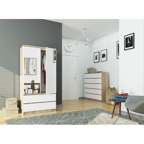 Akord Armoire 2 Portes 2 Tiroirs 2 Miroirs Chêne Sonoma Et Blanc 90x51x180