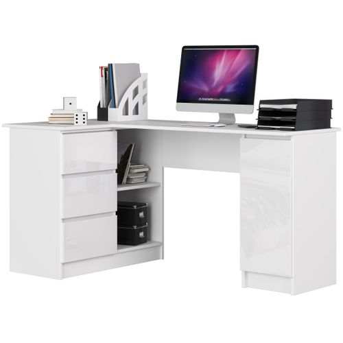 Akord Bureau D'angle Gauche 3 Tiroirs 1 Placard Blanc/blanc Brillant 155x85x77