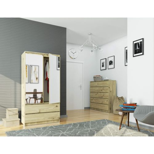 Akord Armoire 2 Portes 2 Tiroirs 2 Miroirs Chêne Artisan 90x51x180