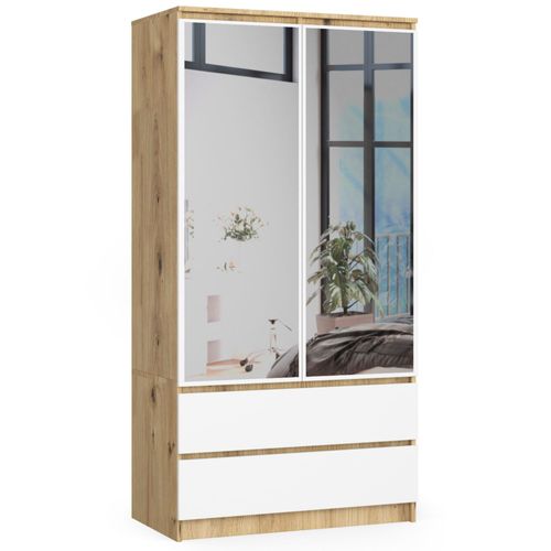 Akord Armoire 2 Portes 2 Tiroirs 2 Miroirs Chêne Artisan Et Blanc 90x51x180