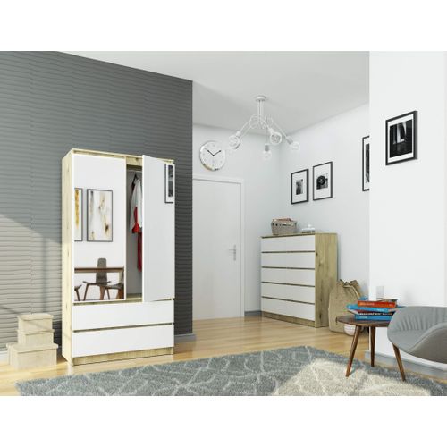 Akord Armoire 2 Portes 2 Tiroirs 2 Miroirs Chêne Artisan Et Blanc 90x51x180