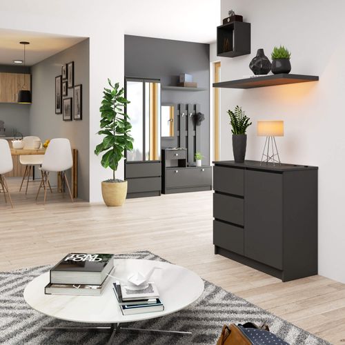 Akord Buffet Jerry 1 Porte 3 Tiroirs Graphite Brillant 80x35x77