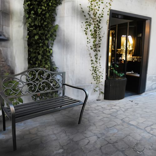 Banc De Jardin Noir Irga Avec Pieds En Acier Et Dossier En Fonte