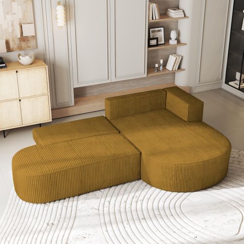 Canapé D'angle Cortio Jaune En Velours Côtelé Avec Fonction De Couchage