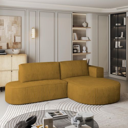Canapé D'angle Cortio Jaune En Velours Côtelé Avec Fonction De Couchage