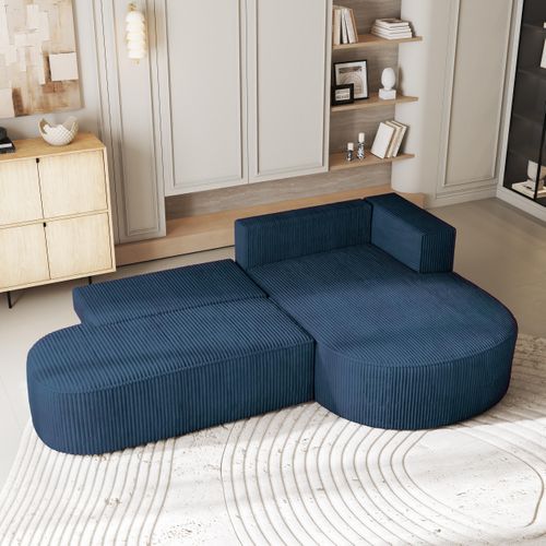 Canapé D'angle Cortio Bleu En Velours Côtelé Avec Fonction De Couchage