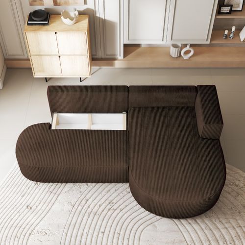 Canapé D'angle Cortio Marron En Velours Côtelé Avec Fonction De Couchage