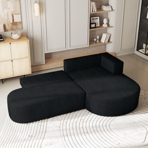 Canapé D'angle Cortio Noir En Velours Côtelé Avec Fonction De Couchage