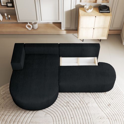 Canapé D'angle Cortio Noir En Velours Côtelé Avec Fonction De Couchage